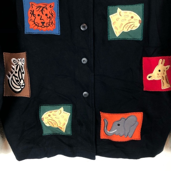 Vintage Bechamel Black Cardigan Teacher Sweater Animal Patches Petites Size 1X - Picture 3 of 8